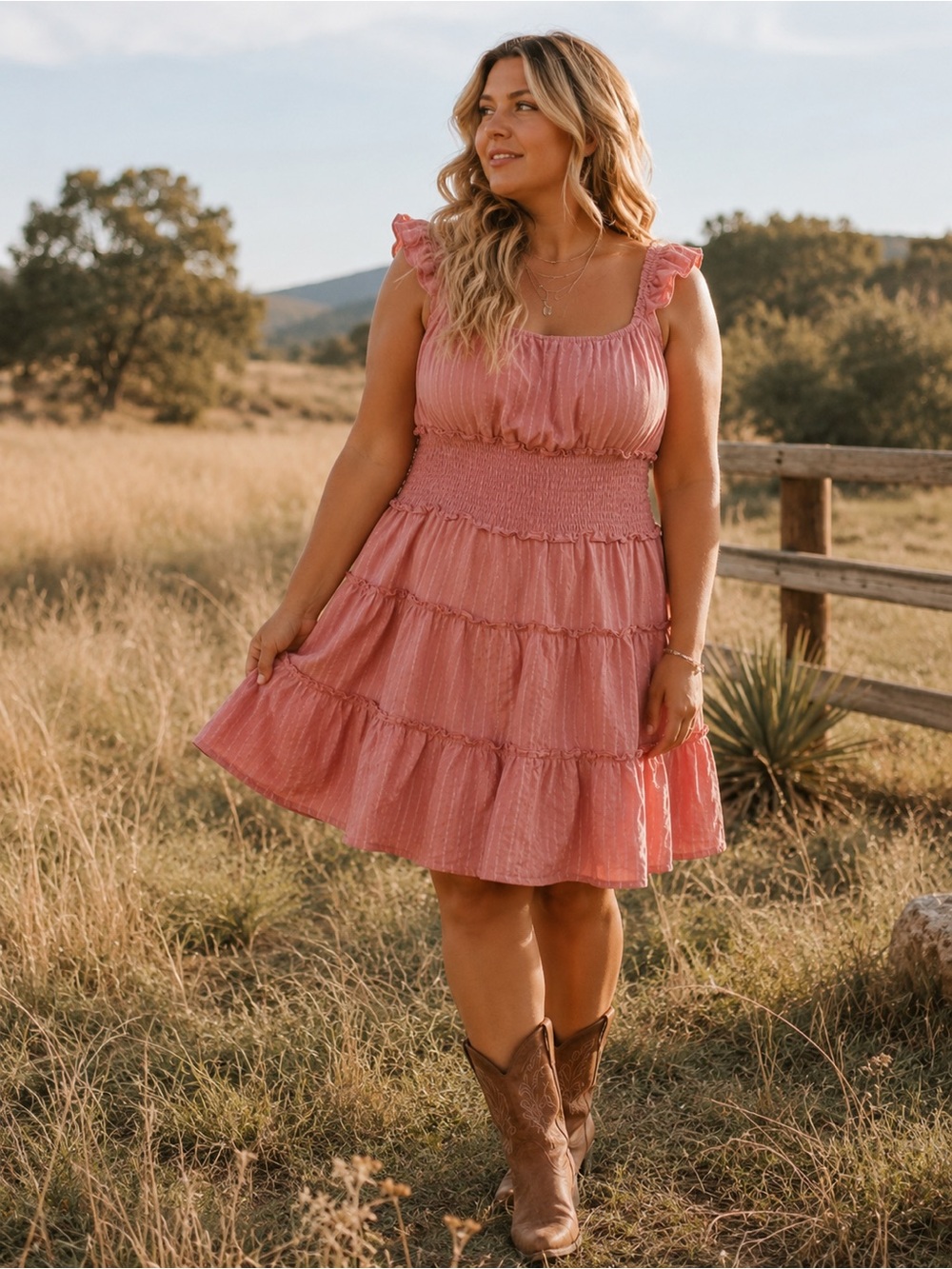 REDHEAD RANCH | Textured Cotton Mini Dress | Smocked Tiered Babydoll | XL
